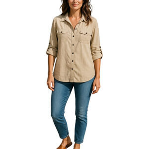 Soft Surrounding Shirt Beige Tan Linen Blend Roll-Tab Sleeve Long Coastal Core L